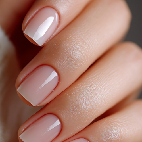 Close-up of neatly manicured fingernails with clear or nude glossy nail polish.