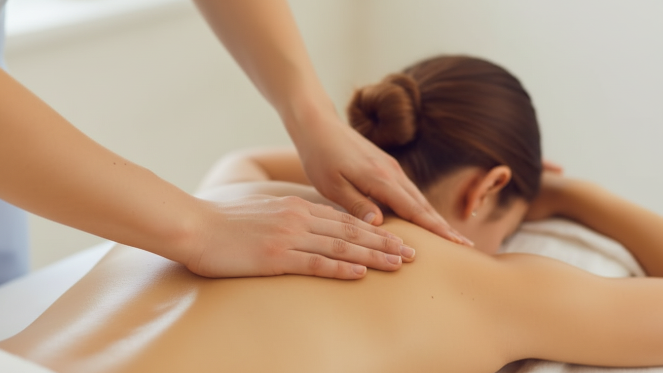 Person receiving a massage on their back from a massage therapist in a spa or massage clinic.