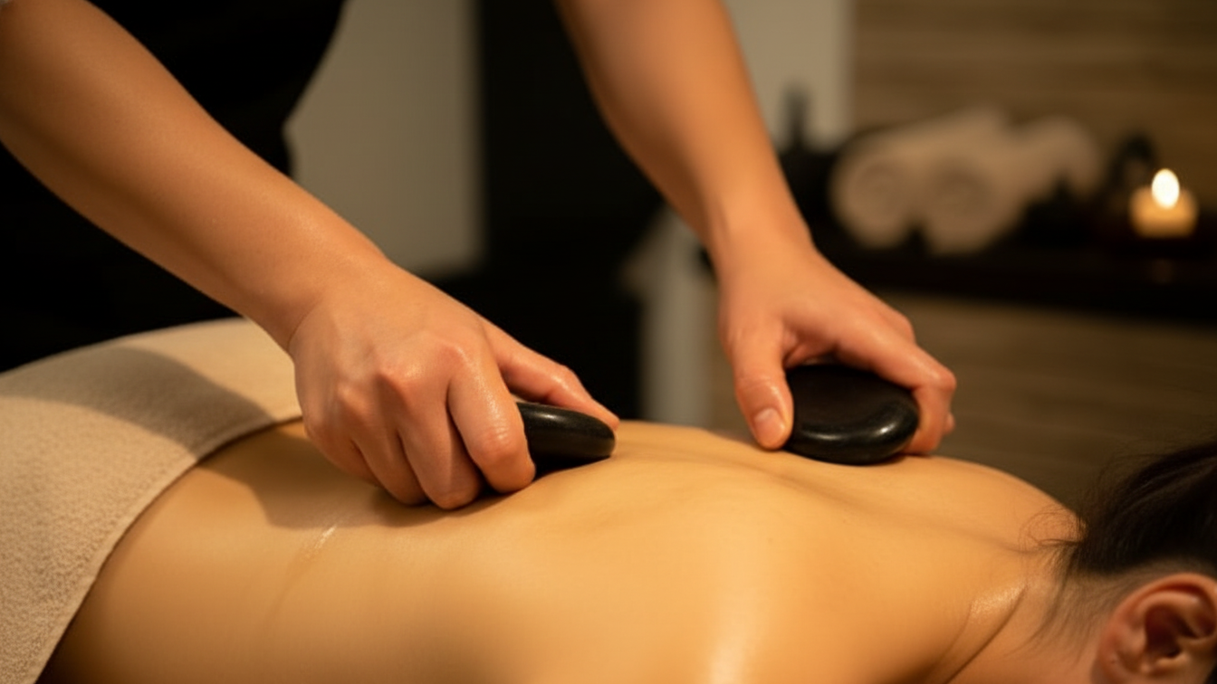 Person receiving hot stone massage on their back in a spa setting.