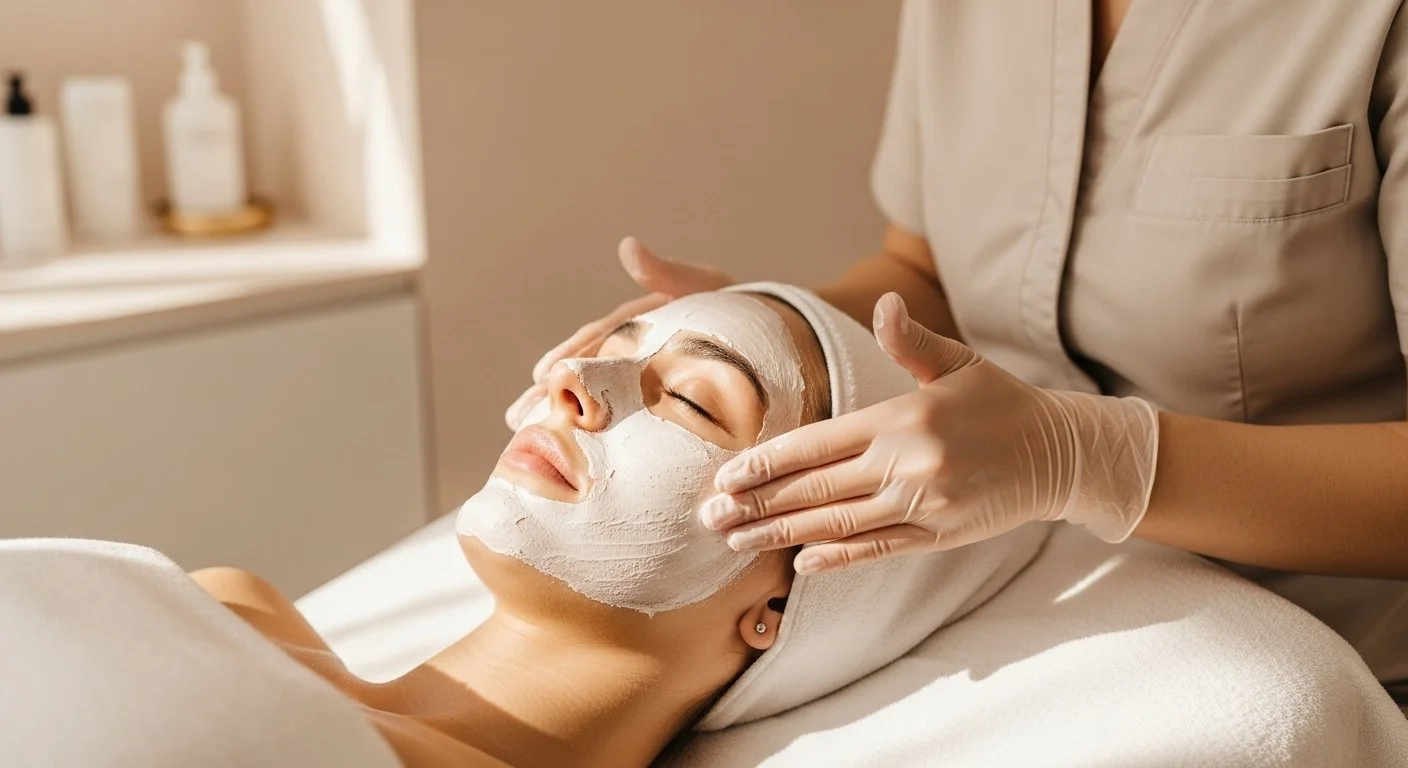 A woman receiving a facial treatment with a white facial mask at a spa or skincare clinic.
