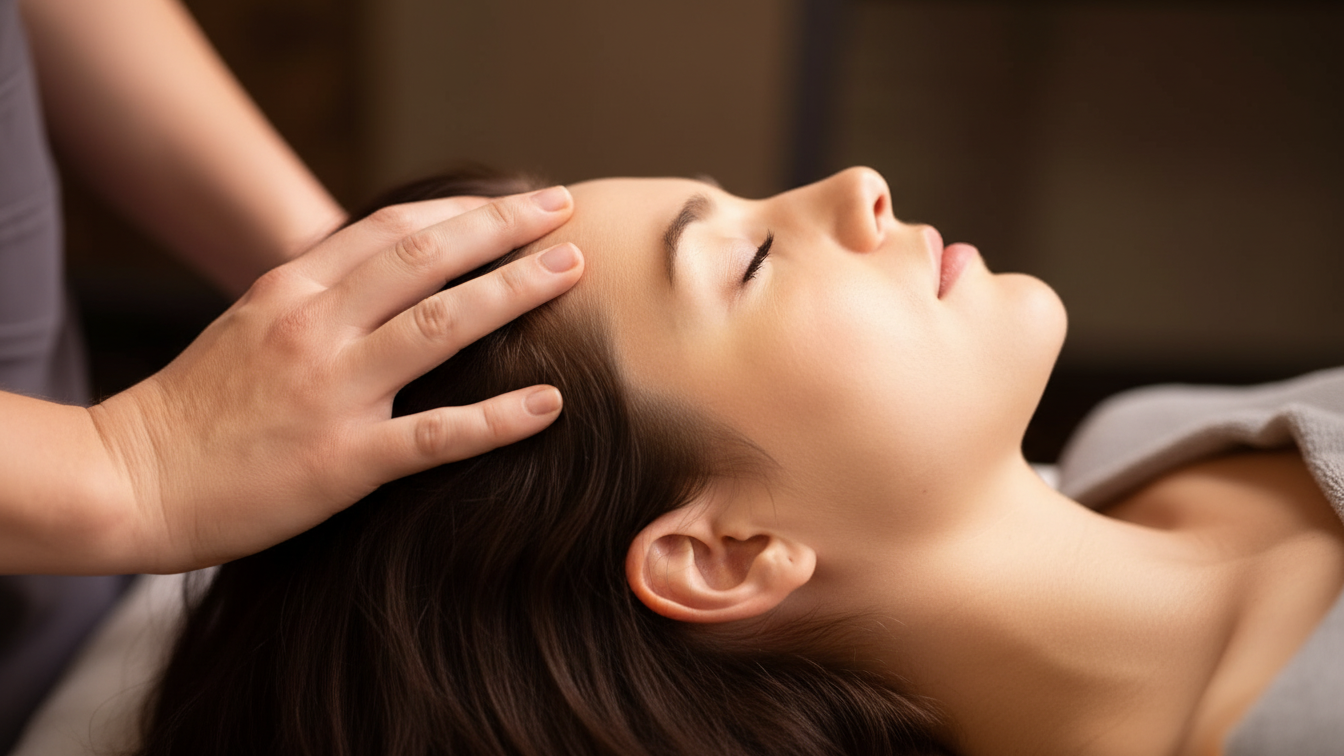 Close-up of a woman receiving a head massage at a spa or wellness center