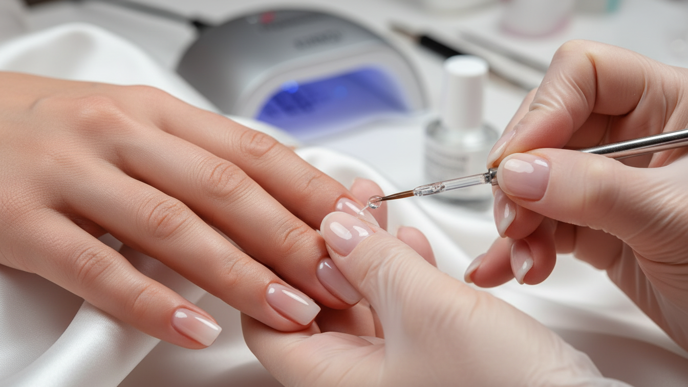 Close-up of a person receiving a professional manicure, with a technician using a dropper to apply nail treatment on the client's fingernails.