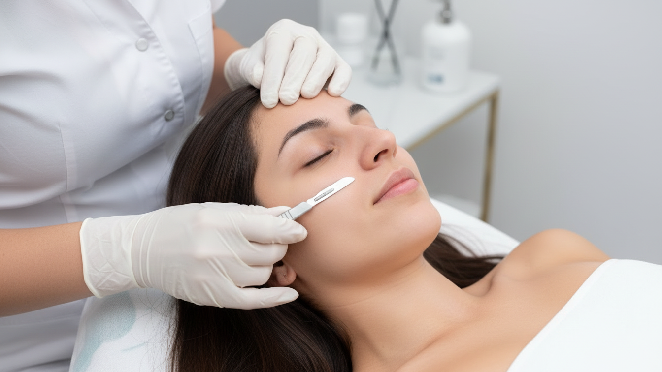 A woman receiving a cosmetic facial treatment from a healthcare professional.