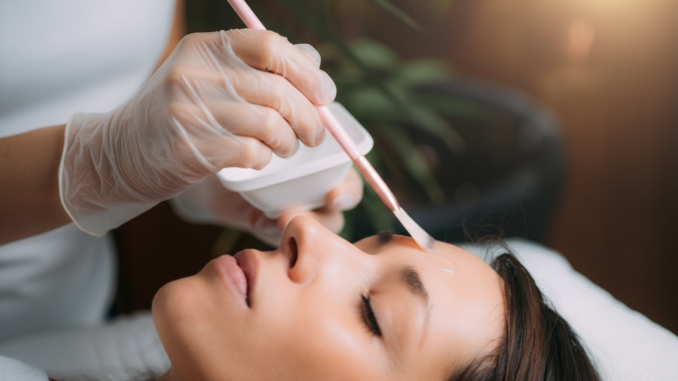 A woman receiving a facial treatment with a cotton swab or applicator near her forehead while lying down with closed eyes.