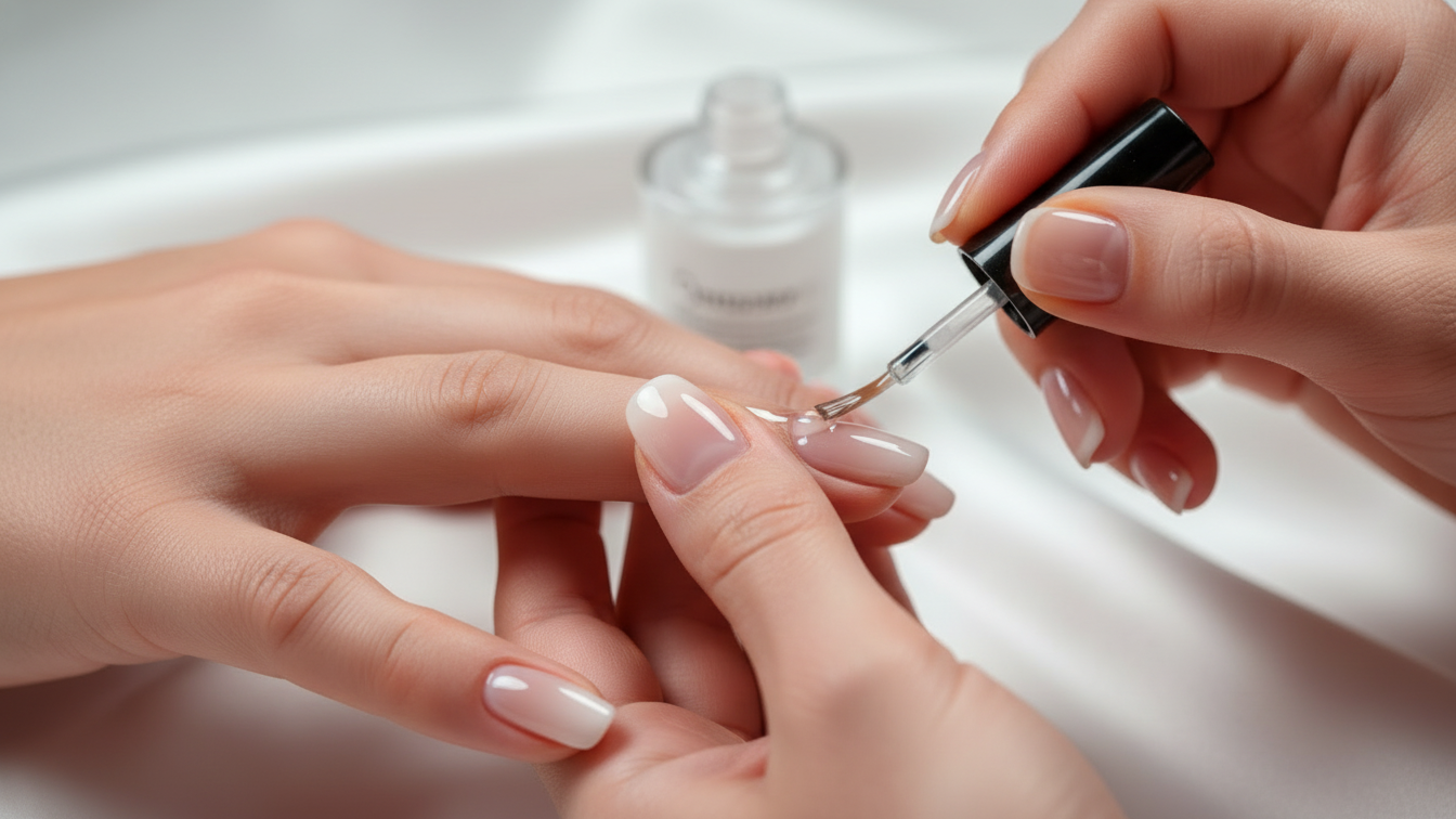 A person applying clear nail polish to another person's nails with a nail polish brush, with a bottle of nail polish in the background.