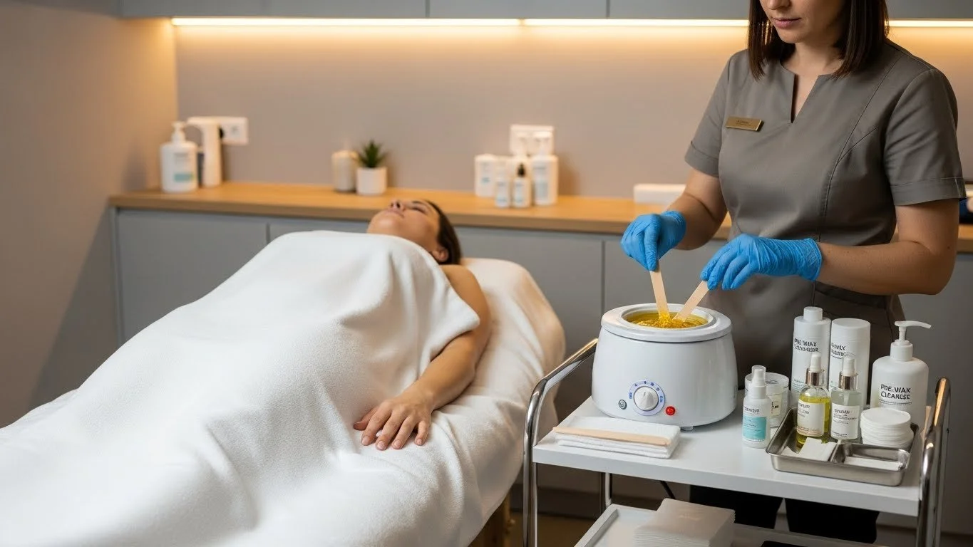 A woman lying on a treatment bed at a spa or medical clinic, receiving a waxing treatment. A technician wearing gloves stands nearby preparing wax from a wax warmer.