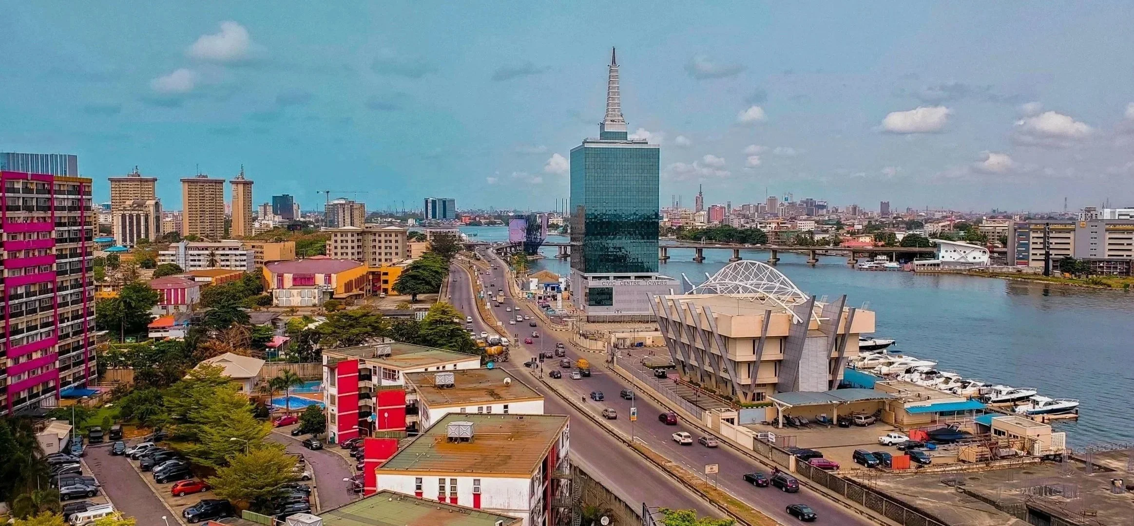 Aerial view of Lekki where it connects to Victoria Island Lagos, Ikoy Link bridge in background