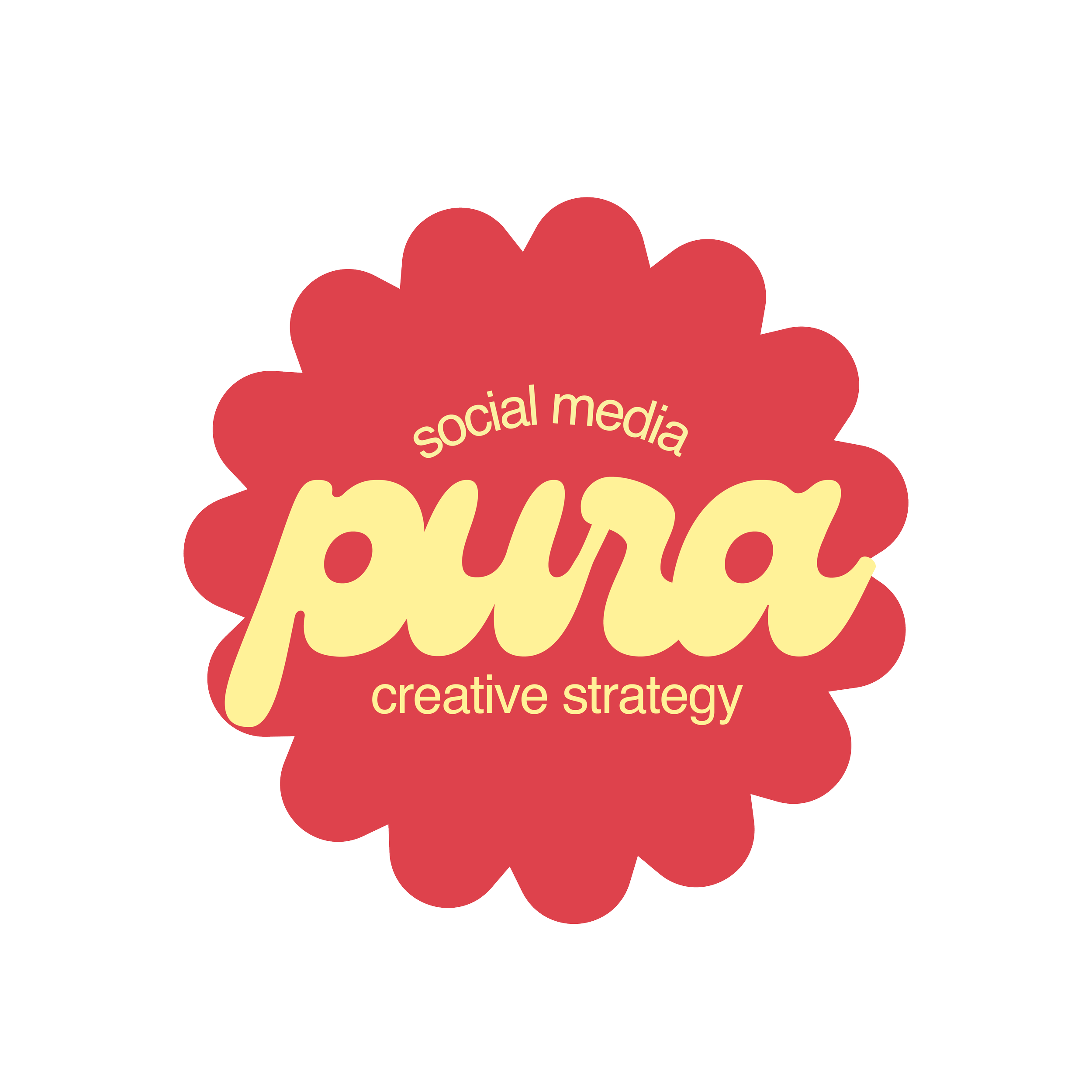 Logo de estrategia creativa de Pura, en forma de flor color coral con texto en estilo retro en letras amarillas: 'social media', 'pura' y 'creative strategy'.