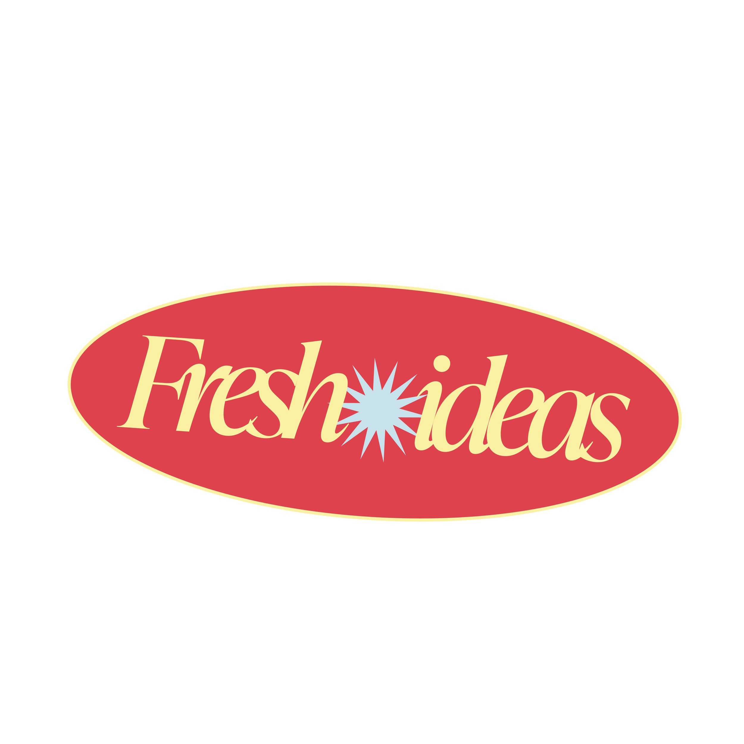 Logotipo con la palabra 'Fresh ideas' en letras cursivas, en un óvalo rojo con borde beige y fondo blanco.