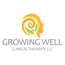 Logo for Growing Well Clinical Therapy, LLC featuring a stylized human head with a spiral brain and leaf elements.