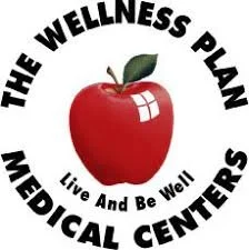 Logo for The Wellness Plan Medical Centers featuring a red apple with a green leaf and the text 'The Wellness Plan Medical Centers' and 'Live And Be Well'.