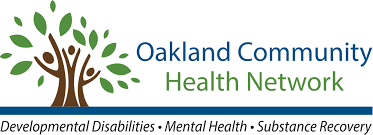 Logo for Oakland Community Health Network featuring a tree with green leaves and brown trunk, with text indicating services for developmental disabilities, mental health, and substance recovery.