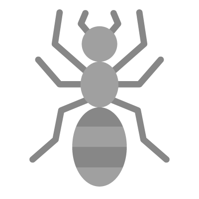 Gray cartoon ant with three body segments and six legs on black background