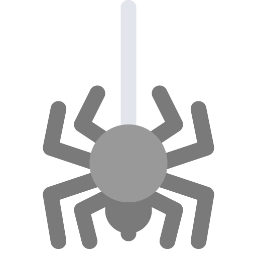 illustration of a gray spider hanging from a vertical strand on a black background