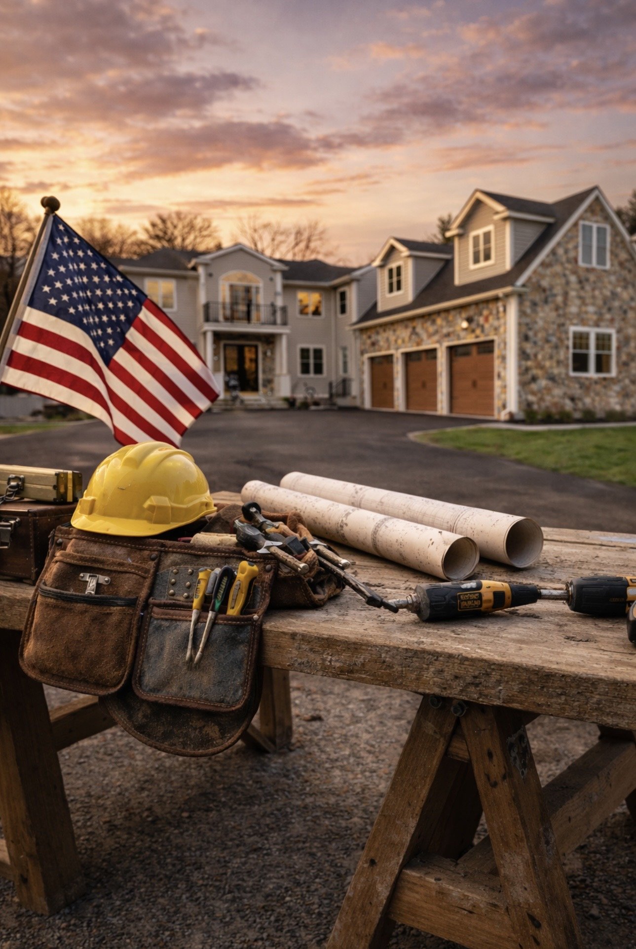 Construction tools and equipment on a wooden workbench in front of a new house at sunset, including a yellow hard hat, American flag, rolled blueprints, and power drills.