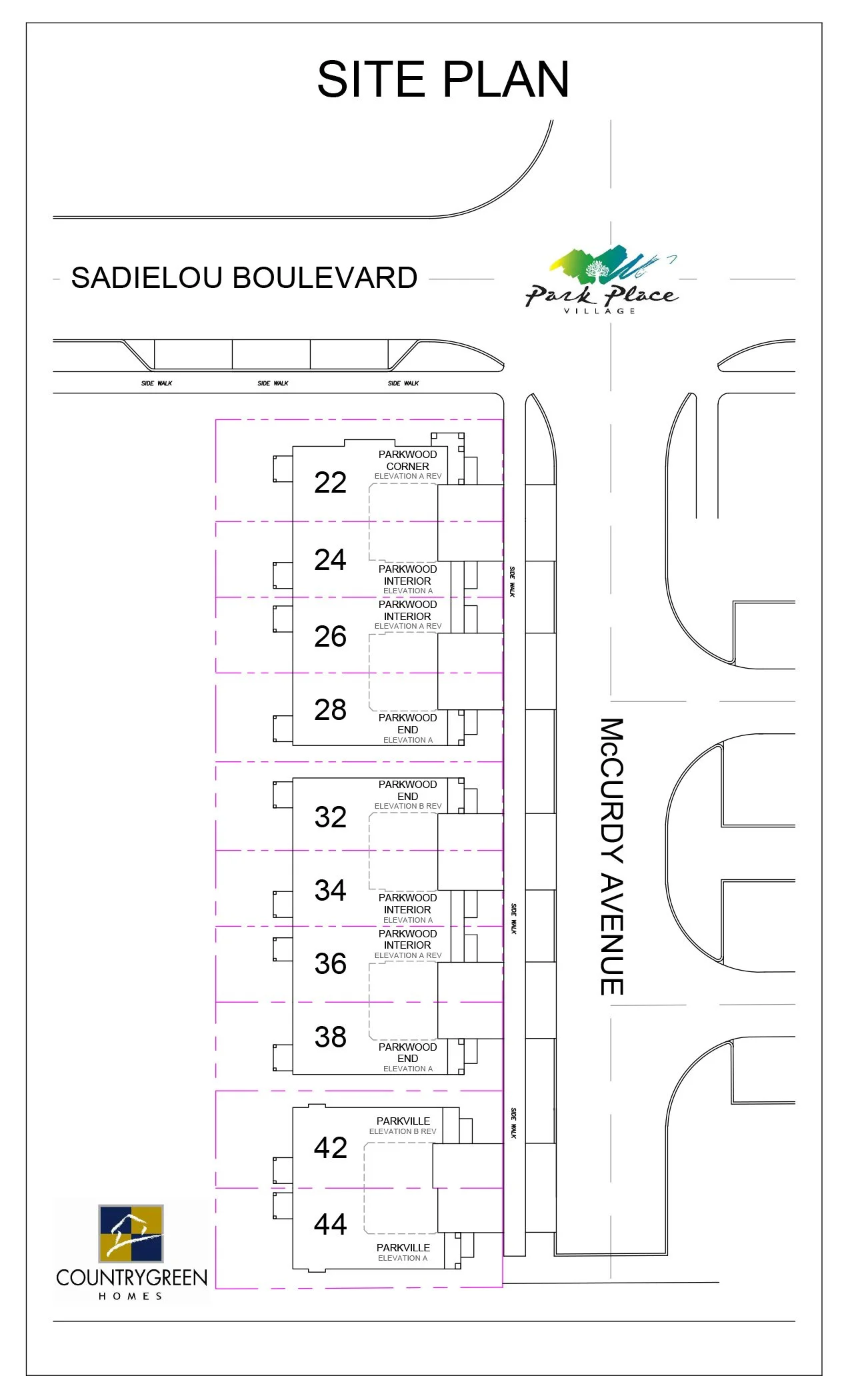 Site plan for a residential development called Park Place Village, showing numbered townhomes along McCurdy Avenue with labels for floor elevations and interior or corner designations. Surrounding streets include Sadielou Boulevard and McCurdy Avenue, with a logo for CountryGreen Homes at the bottom left.
