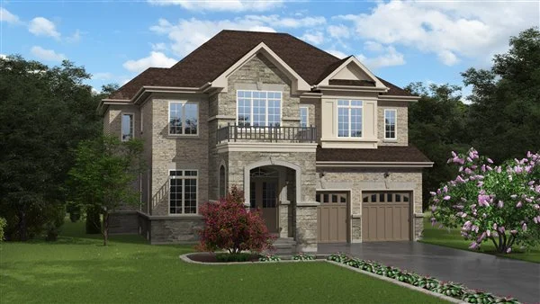 Front view of a two-story house with brick and stone exterior, attached garage, front porch, manicured lawn, pink flowering trees, and surrounded by greenery.