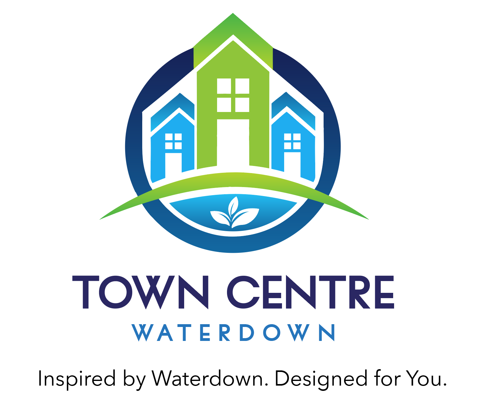 Waterdown Town Centre logo featuring stylized houses in green and blue with a leaf and water element, with text: "TOWN CENTRE WATERDOWN," and a tagline "Inspired by Waterdown. Designed for You."