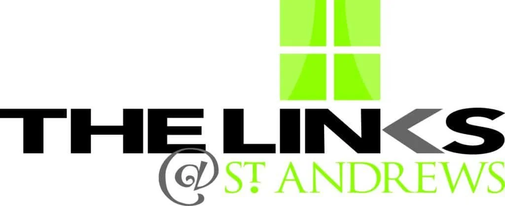Logo of The Links at St. Andrews featuring green geometric shapes and black text.