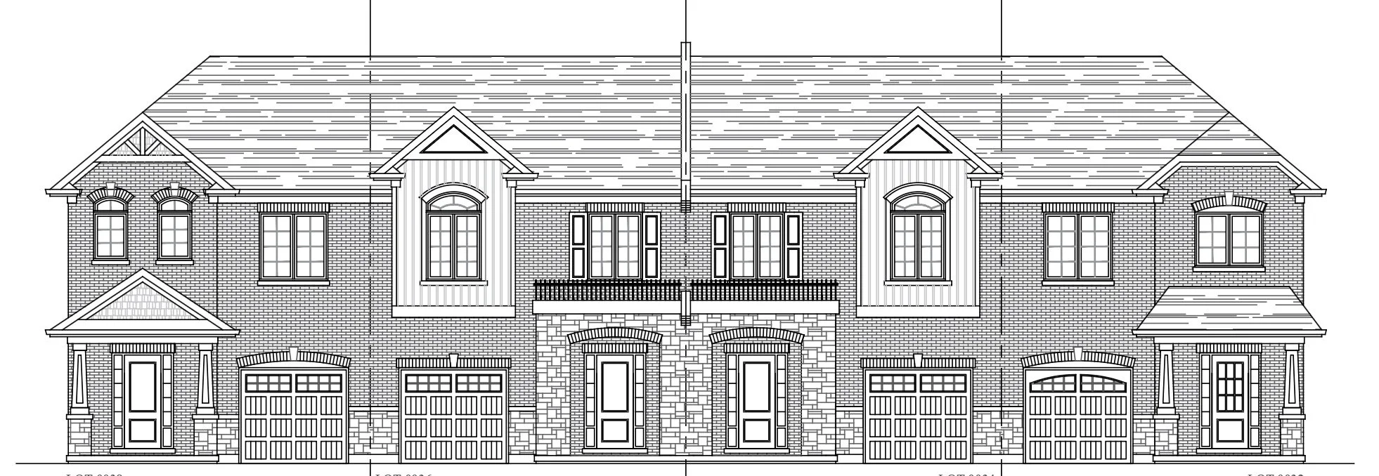 Architectural blueprint of a multi-family residential building with brick and siding exterior, multiple windows, and garage doors on the ground level.