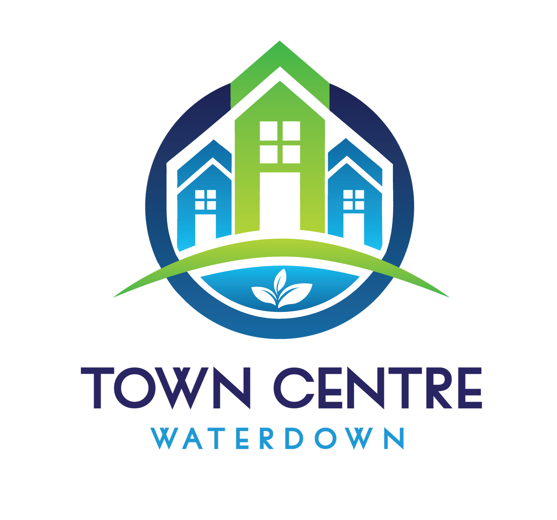 Logo of Town Centre Waterdown featuring stylized blue and green houses surrounded by a leaf and a circular shape, with the text "TOWN CENTRE WATERDOWN" underneath.