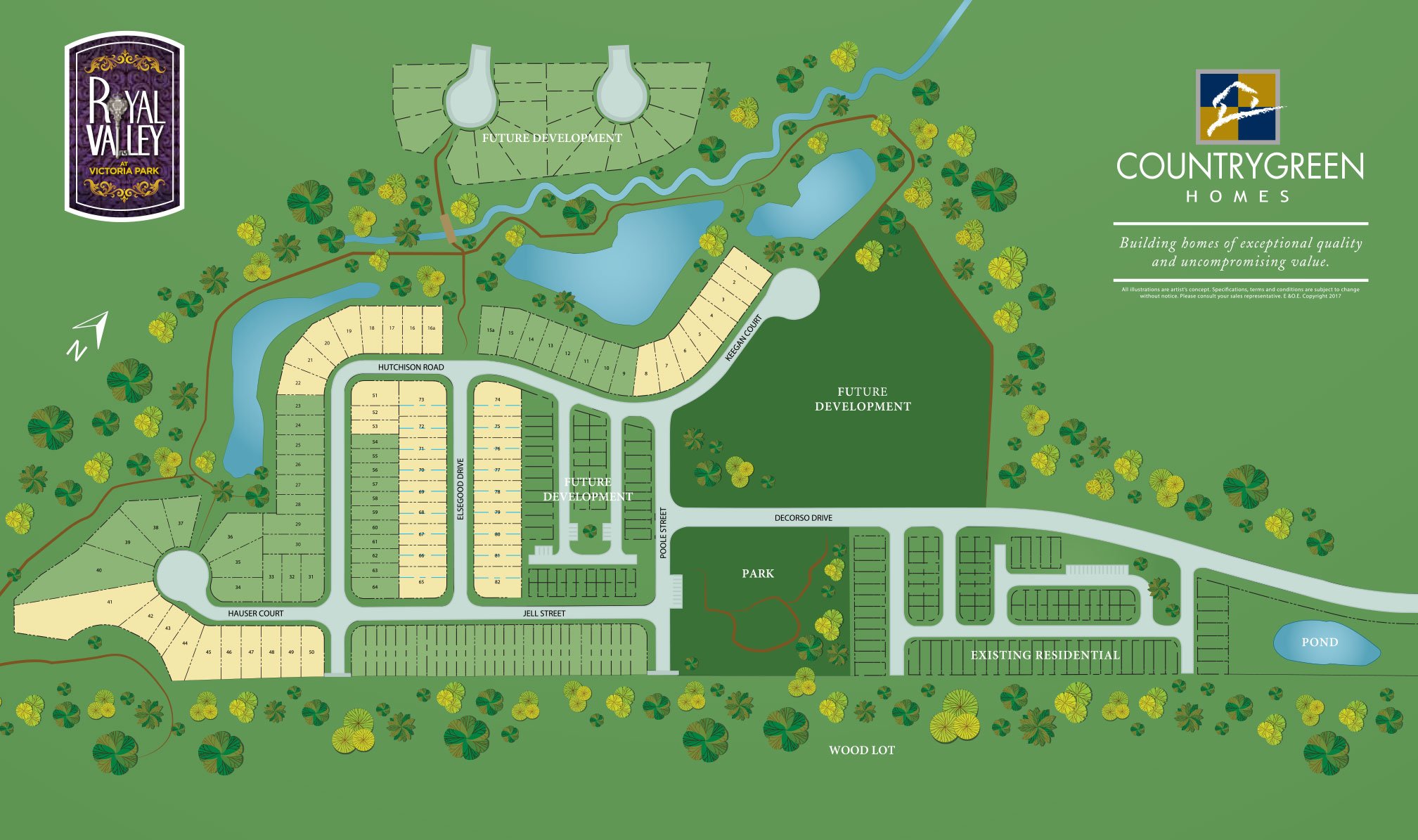 A detailed map of a residential community development with labeled streets, future development areas, lakes, parks, ponds, and existing residential lots. The map features color-coded sections, green spaces, and water bodies, with a north directional arrow.