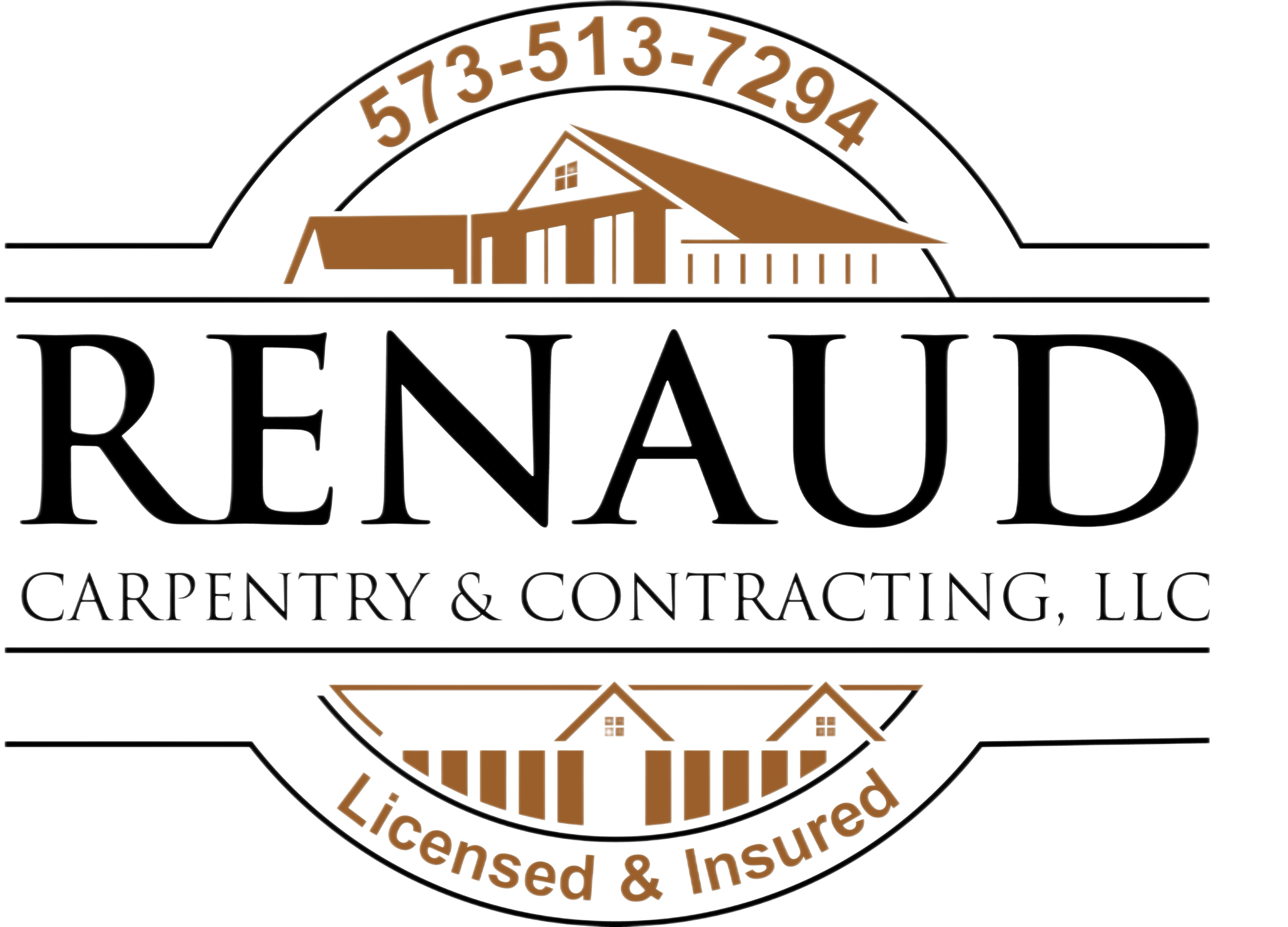 Logo for Renaud Carpentry & Contracting LLC featuring a stylized house, a circular design, and text indicating it is licensed and insured.