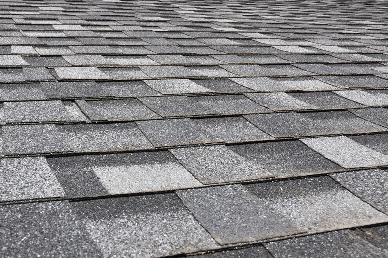 Close-up view of a shingled roof with asphalt shingles, showing some accumulation of snow or ice.