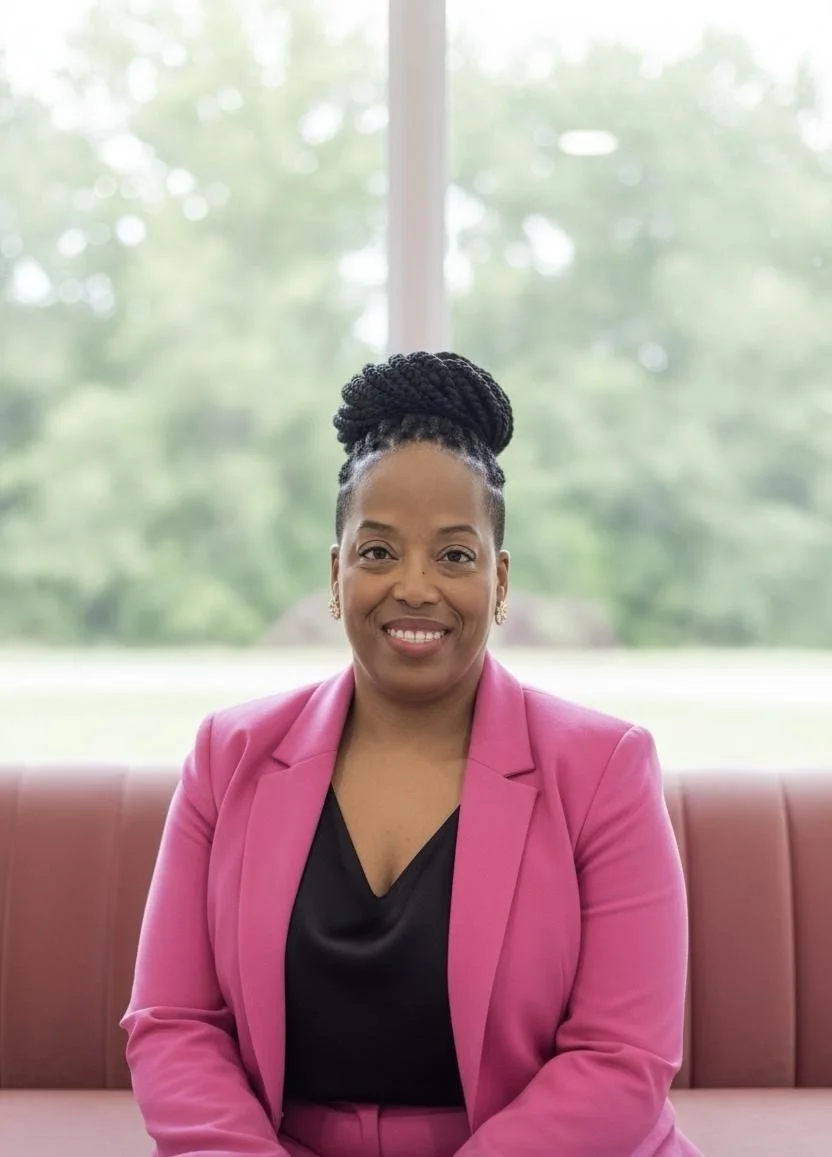 Geniece, founder of RISE by Oasis, smiling in a pink blazer while seated indoors against a natural backdrop.