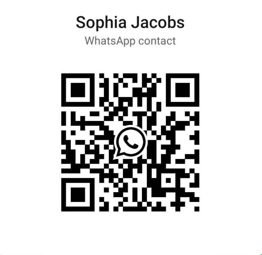 A digital business card with the name Sophia Jacobs and a WhatsApp contact QR code.