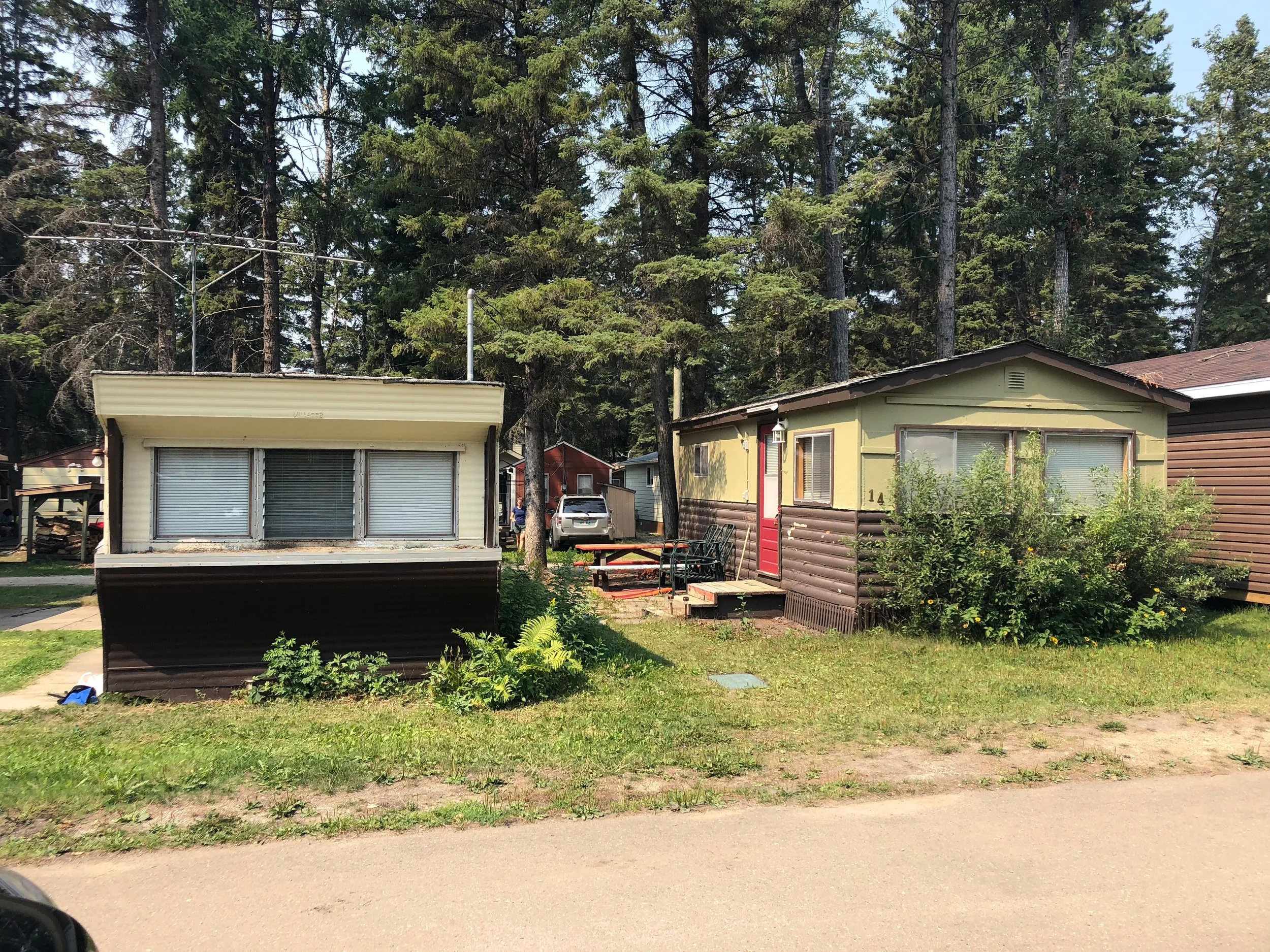 Original trailer from the 70's that was moved in and out from storage at Minty's beside a newer, more permanent cabin from the 70's.