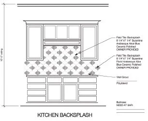 Blueprint of a kitchen backsplash with labeled features, including tile layout, wall tile, base tile, and backsplash border.