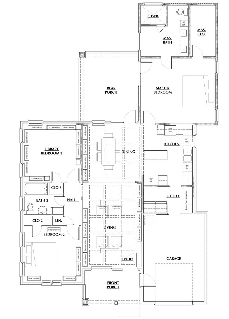 Floor plan of a house showing rooms including a porch, entry, living room, dining area, kitchen, utility room, master bedroom with bathroom and closet, two additional bedrooms, bathrooms, a library, a garage, and a rear porch.
