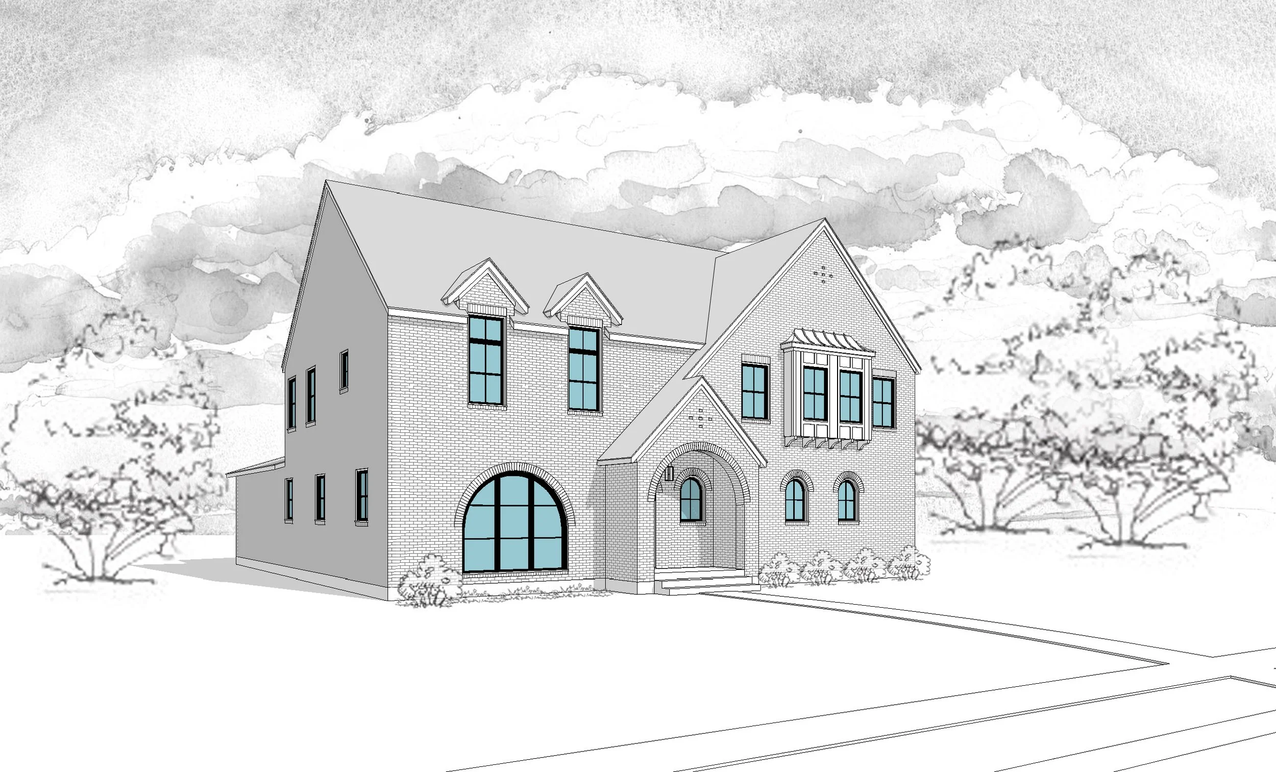Architectural drawing of a two-story house with brick exterior, tall arched window, and multiple gabled roofs, with trees and cloudy sky background.