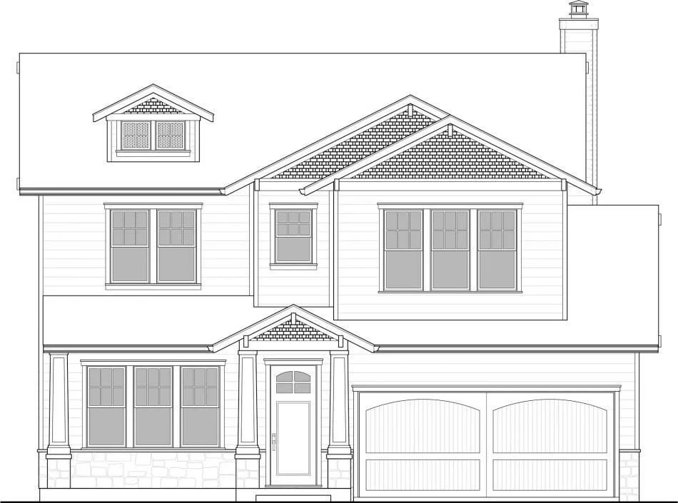 Line drawing of a two-story house with a front door, multiple windows, a garage, and a chimney.