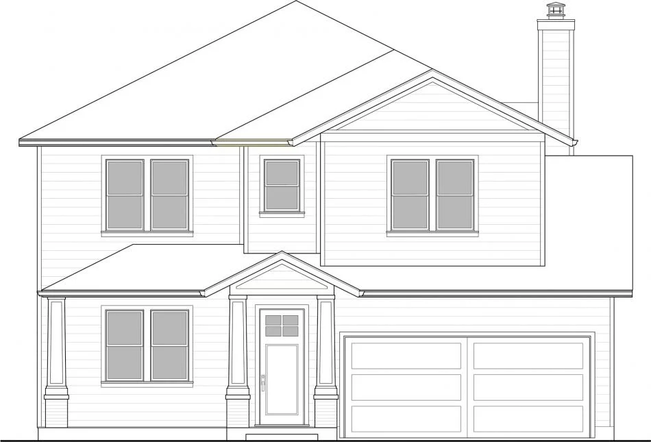 Line drawing of a two-story house with a front porch, multiple windows, a garage, and a chimney.