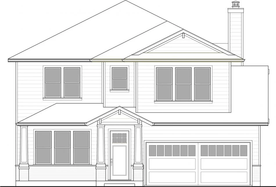 Line drawing of a two-story house with a front porch, multiple windows, a garage with windows, and a chimney on the right side.