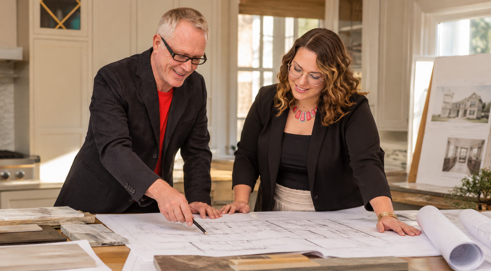Bella Vista Company architects collaborating over architectural blueprints, reviewing floor plans and discussing design details to bring a client's home renovation vision to life.