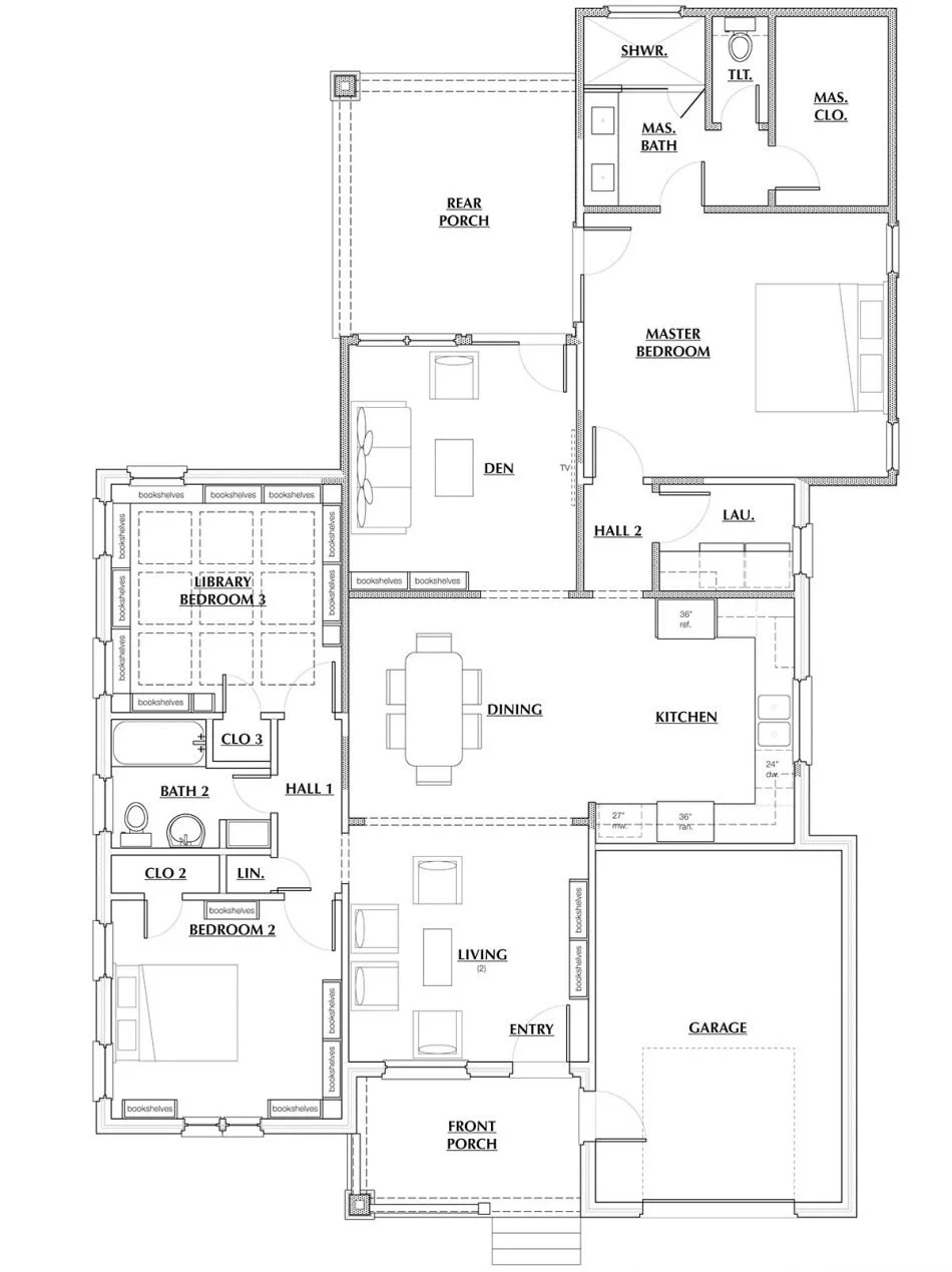 Floor plan of a house with labeled rooms including a garage, living room, entry, bedrooms, bathrooms, kitchen, dining room, den, library, hallways, laundry room, master bedroom with master bath and closet, and a rear porch.