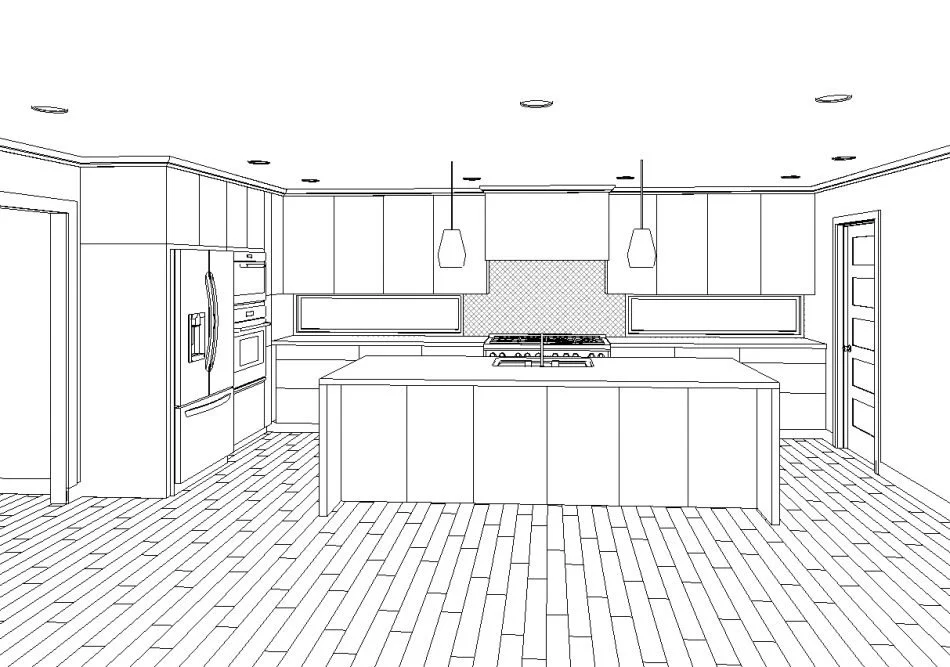 Line drawing of a modern kitchen with an island, refrigerator, oven, stovetop, cabinets, pendant lights, and a window.