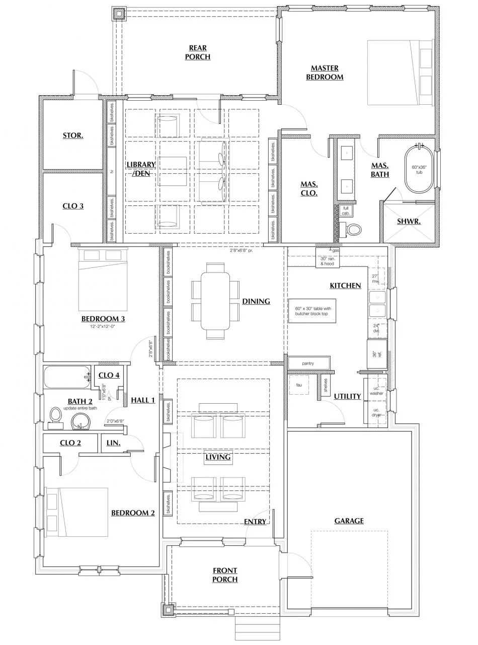 A detailed house floor plan with labeled rooms including bedrooms, bathrooms, living room, dining room, kitchen, laundry, library, storage, closets, utility room, garage, front porch, and rear porch.