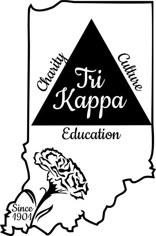 A black and white graphic with a map outline of Indiana. Inside the map, there's a large triangle with the words "Tri Kappa" in the center. Surrounding the triangle are the words "Charity," "Culture," and "Education." In the bottom left, there is a rose with the text "Since 1901."