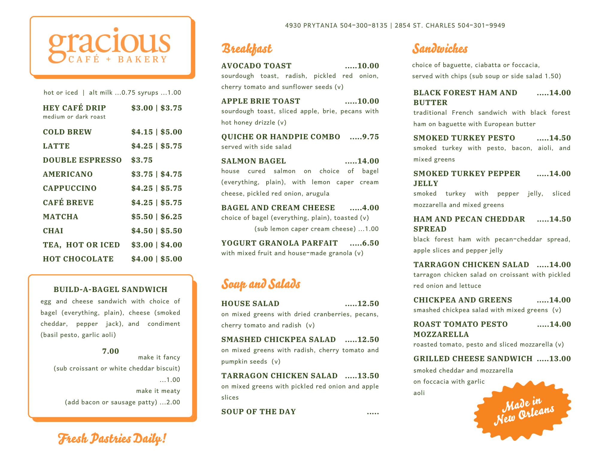 Gracious cafe and bakery menu outlining coffee and tea, breakfast, sandwich and salad selections.
