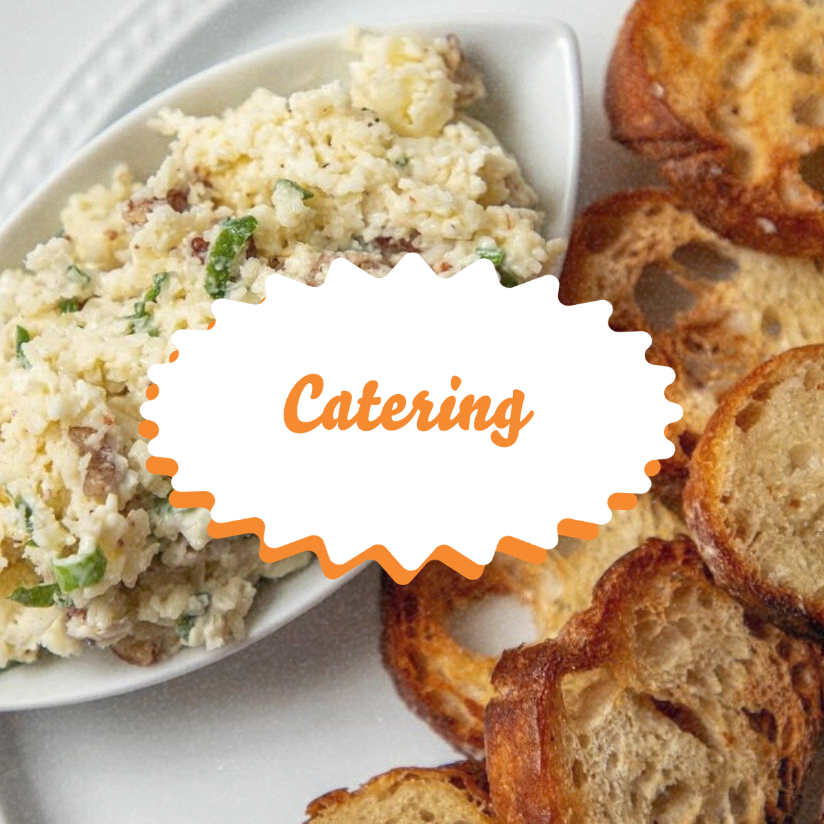 better cheddar dip in an oblong bowl next to crostinis on a white background with text that reads "catering".