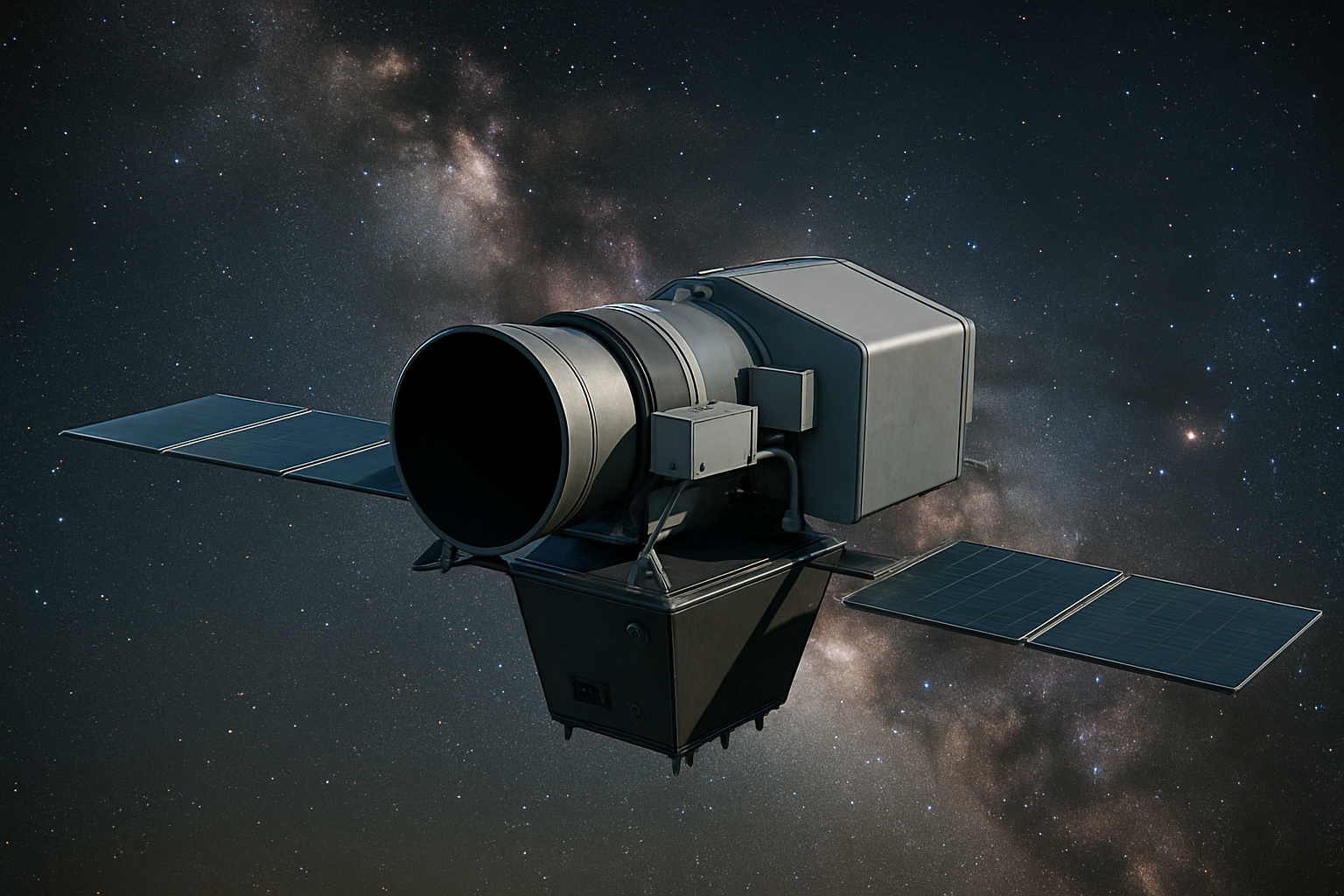 A satellite floating in space with stars and the Milky Way galaxy in the background.