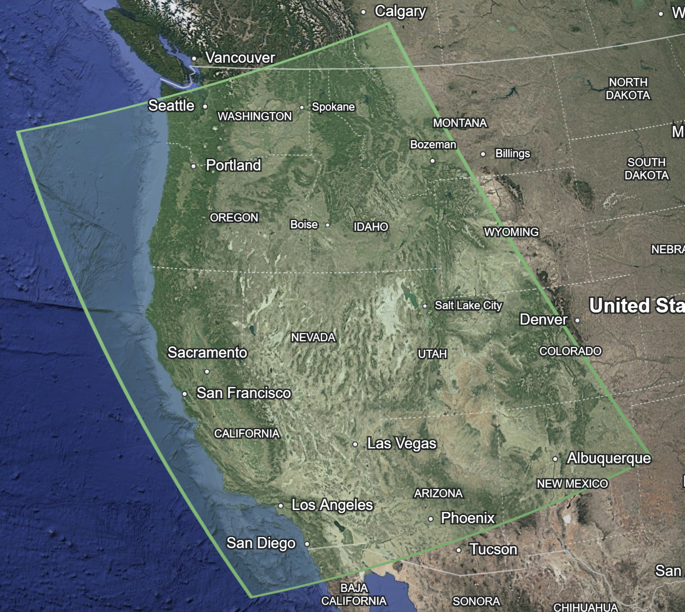 Map showing the states of the western United States, including Washington, Oregon, California, Nevada, Idaho, Montana, Wyoming, Utah, Colorado, Arizona, New Mexico, Nevada, and parts of other nearby states, with city names such as Seattle, Portland, Sacramento, Las Vegas, Los Angeles, San Diego, Salt Lake City, Denver, Albuquerque, and Phoenix.