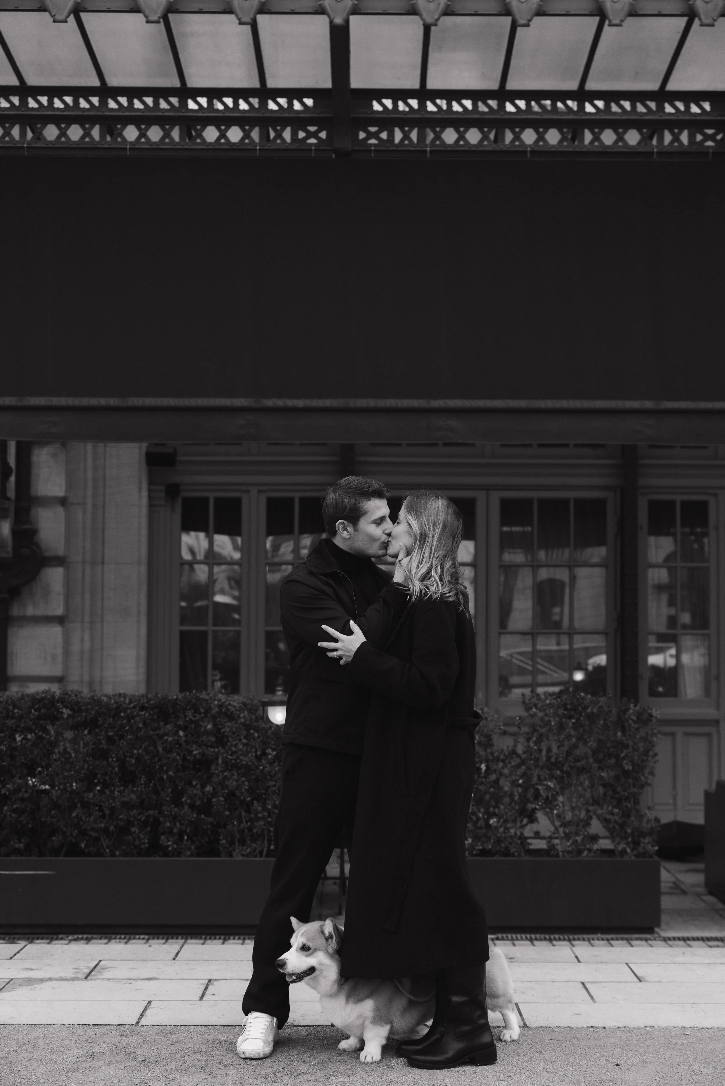 Un couple s'embrasse dans une rue, avec un chien au pied, dans une scène en noir et blanc. session engagement couple Lyon 6eme, brotteaux, photographe mariage bordeaux et Lyon et destination wedding