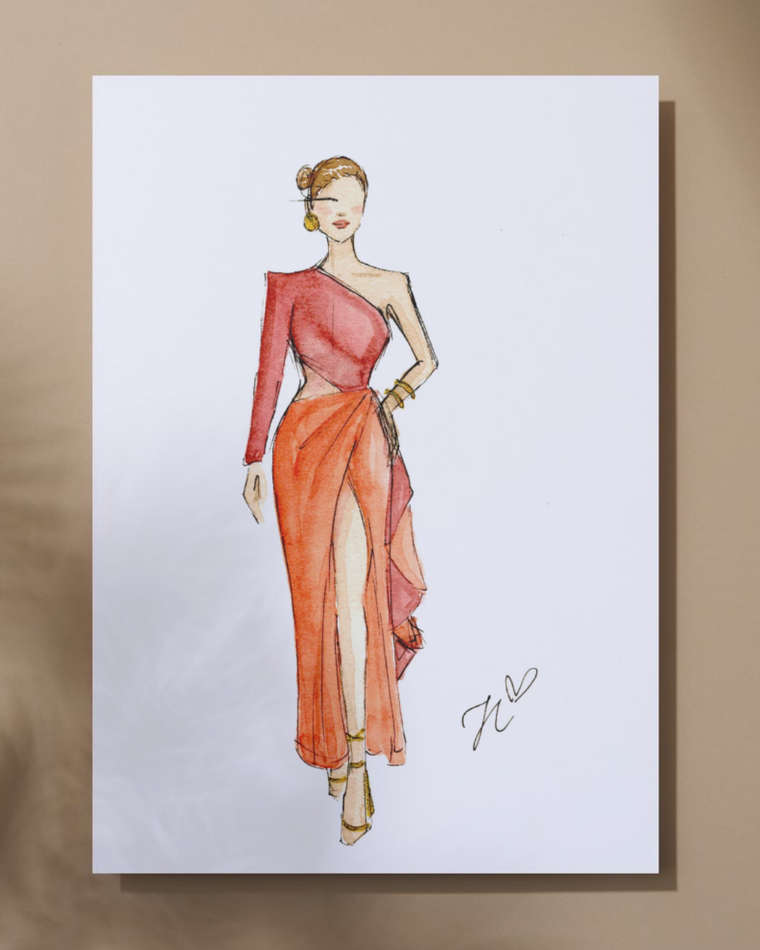 Fashion illustration of a woman in a one-shoulder red top and an orange skirt with a thigh-high slit, standing with one hand on hip. Signed with a heart.