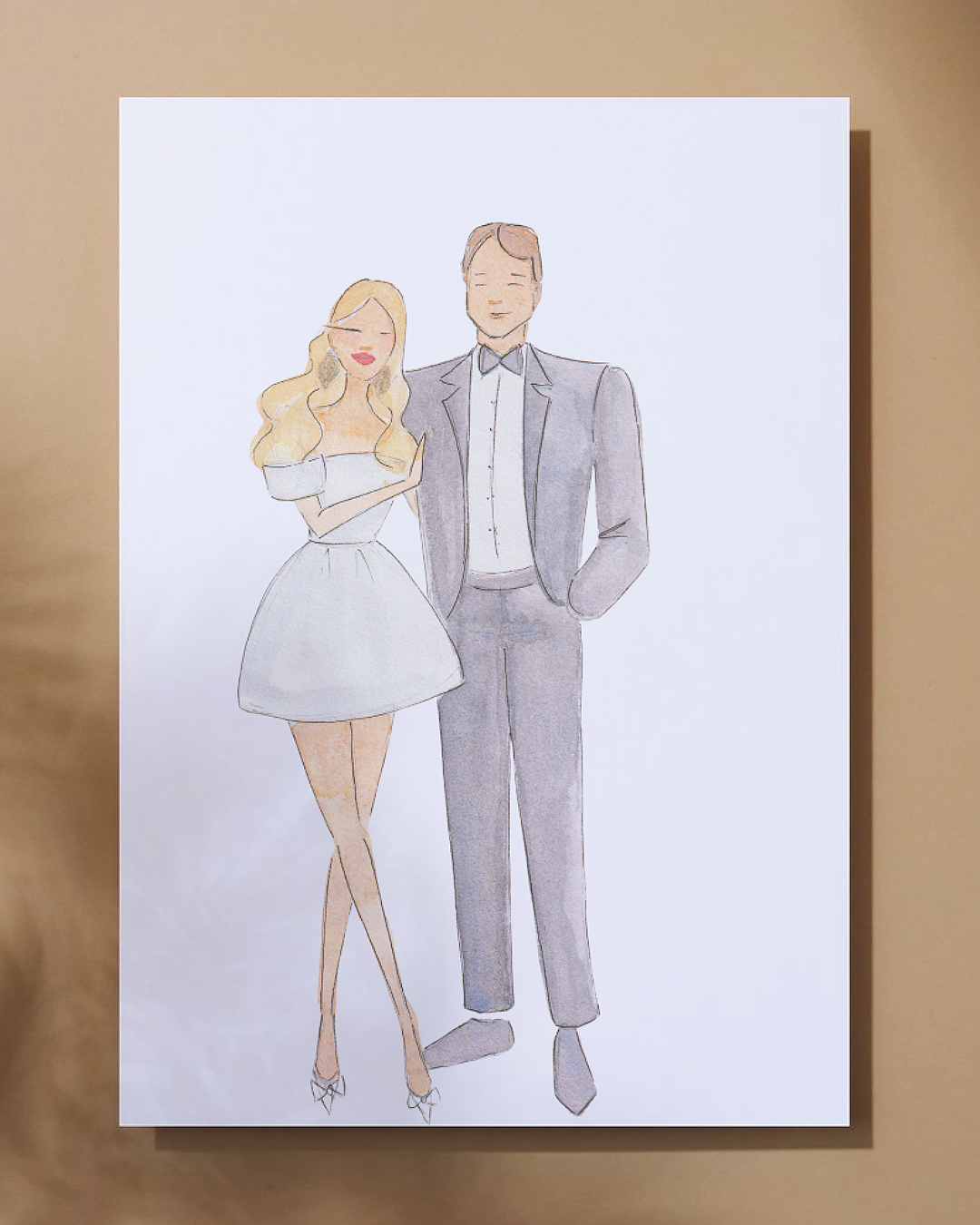 Watercolor illustration of a smiling woman in a white dress and heels and a man in a gray suit, standing together
