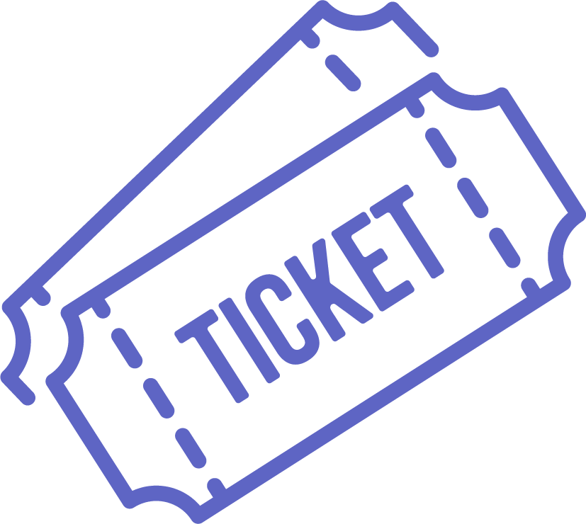 Illustrierte Eintrittskarten in blauer Kontur, beschriftet mit 'TICKET'.